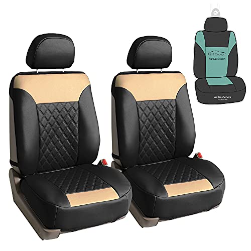 FH Group Deluxe Faux Leather Diamond Pattern Front Set Car Seat Cushions with Gift - Universal Fit for Cars, Trucks, & SUVs PU089102 (Beige)