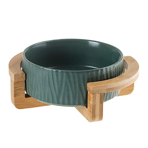 Green 5 inch Ceramic Cat Bowl with Wood Stand No Spill Pet Food Water Feeder Cats Small Dogs