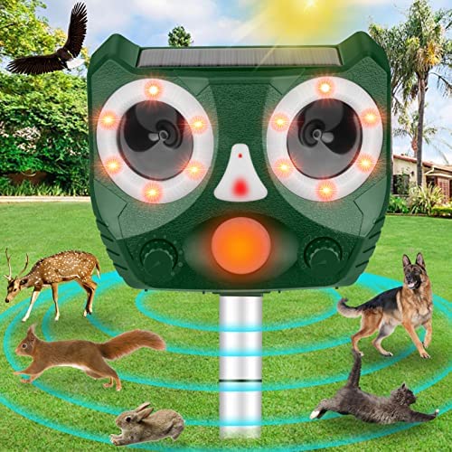 Ultrasonic Animal Repeller, Outdoor Animal Deterrent Solar Dog Chaser, Ultrasonic Solar Powered Animal Repeller Waterproof Owl Animal Repeller Protect Farm for Dog, Cat, Bird, Rabbit,Raccoon