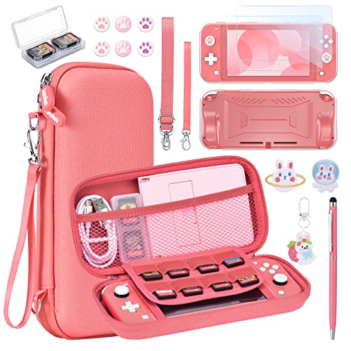 innoAura Switch Lite Case 15 in 1 Switch Lite Accessories Bundle with Switch Lite Carrying Case, Switch Game Case, Switch Lite Screen Protector, Switch Stand, Switch Thumb Grips (Coral)