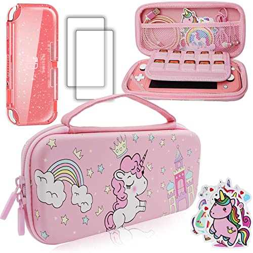 Pink Unicorn Carrying Case Compatible with Nintendo Switch Lite with Crystal Glitter Soft Protective Case Cover+Screen Protector+Stickers, Hard Storage Case Accessories Kit for Girls Birthday Gift