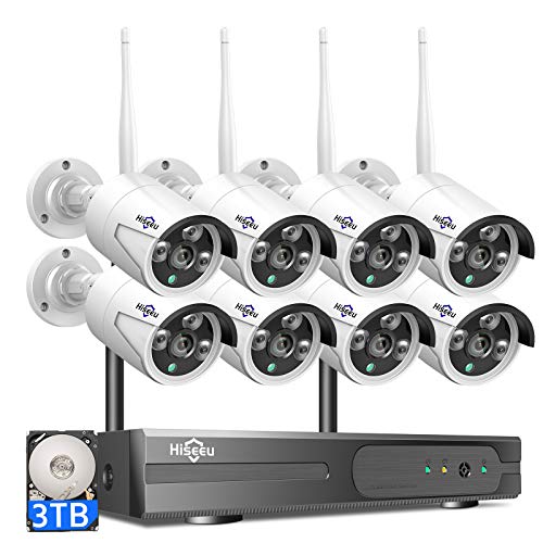 Hiseeu 2K Wireless Security Camera System, 10CH NVR Kit,8Pcs 3MP WiFi Surveillance Cameras for Home Indoor/Outdoor Use,Night Vision,Waterproof, Motion Detection, 3TB Hard Drive and DC Power Included