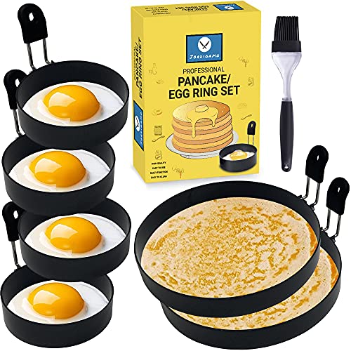 JORDIGAMO - Professional Egg Rings & Pancake Ring Combo Set - Nonstick Cooking Rings for Frying Eggs, 4 Fried Egg Ring 3.5", 2 Griddle Pancake Shapers & Brush, Stainless Steel Round Egg Cooker Ring