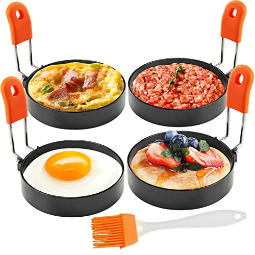 Egg Rings for Frying 4 PCS 3.5 Inch Large Cooking Egg Molds Round Egg Circles, Anti-scald Nonstick Leakproof Egg Mould with Oil Brush Circular Egg Shaper
