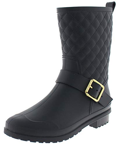 Capelli New York Ladies Matte, Quilted Shaft Mid-Calf Rain Boot with Ankle Strap Black 9