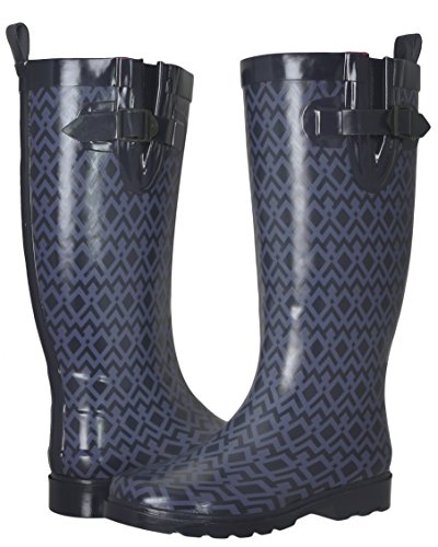 Capelli New York Ladies Shiny Tall Rubber Cozy Lined Rain Boots Geo Print Navy Combo Size 8