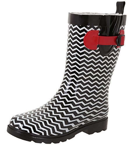 Capelli New York Ladies Shiny Chevron Printed Mid-Calf Cozy Lined Rain Boot Black Combo 8