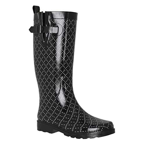 Capelli New York Ladies Shiny Small Dots Printed Rain Boot Black Combo 10