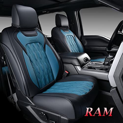 Coverado Car Seat Covers, Faux Leather RAM Seat Covers for Front and Rear, Truck Pickup Interior Set Compatible for 2002-2023 Dodge Ram 1500 2500 3500 Crew Cab with Curved Back Bench (Black-and-Blue)