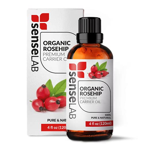 SenseLAB Organic Rosehip Oil - 100% Pure Extract Cold Pressed Rose hip Oil - Rosehip Seed Oil Moisturizing Skin Oil - Rosehip oil for face - Tame Dry and Frizzy Hair - Aceite de Rosa Mosqueta (120 ml)