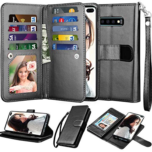 NJJEX Wallet Case for Galaxy S10 Plus, for Galaxy S10+ Case, PU Leather [9 Card Slots] Credit Holder Folio Flip [Detachable][Kickstand] Magnetic Phone Cover & Wrist Strap for Samsung S10 Plus [Black]