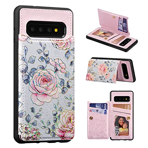 UEEBAI Wallet Case for Samsung Galaxy S10 Plus with Card Holders, PU Leather Cover Kickstand RFID Blocking Double Magnetic Clasp Rilievo Flower Shockproof Flip Case for Women Girls - Purple Rose