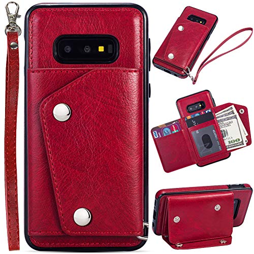 KUDEX Galaxy S10 Plus Wallet Case for Men/Women,Flip Leather Fold Kickstand Heavy Duty Protective Purse Case w/Credit Card Slot Pocket Button Closure&Wrist Strap for Samsung Galaxy S 10+ (Red)