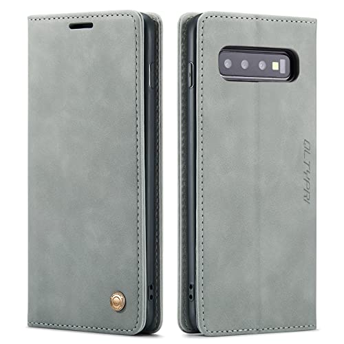 QLTYPRI Case for Samsung Galaxy S10 Plus, Vintage PU Leather Wallet Case Card Slot Kickstand Magnetic Closure Shockproof Flip Folio Case Cover for Samsung Galaxy S10 Plus - Grey