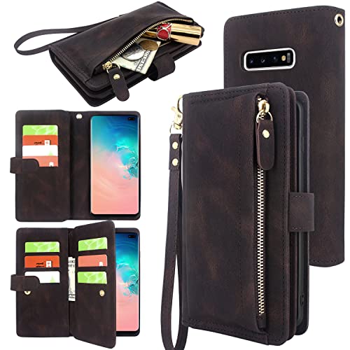 Harryshell [10 Card Slots with [Block Theft Card Scanning] Function, PU Leather Wallet Case Cover Zipper Pocket Wrist Strap Kickstand for Samsung Galaxy S10+ S10 Plus 6.4" (2019) (Black Brown)