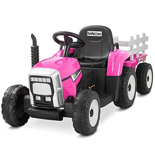 Kidzone 12V 7AH Treaded Tires with Dual 25W Motors Remote Control Battery Powered Electric Tractor with Trailer Toddler Ride On Toy with 3-Gear-Shift 7-LED Lights USB & Bluetooth Audio - Pink