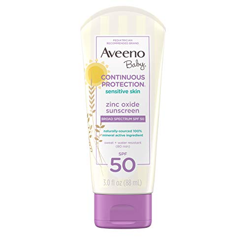 Aveeno Baby Continuous Protection Zinc Oxide Mineral Sunscreen Lotion for Sensitive Skin, Broad Spectrum SPF 50, Tear-Free, Sweat- & Water-Resistant, Paraben-Free, Travel-Size, 3 fl. oz