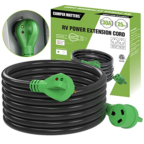 CAMPER MATTERS 30 Amp 25 FT RV Power Extension Cord with Reverse Polarity LED Light, TT-30P to TT-30R, Heavy Duty PVC Jacket, Easy Plugin Handle, Colorful Storage Bag, and Plastic Strap Organizer