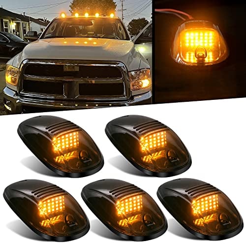 Konrali 5Pcs Smoked Amber Led Truck Cab Marker Lights Replacement for 2003-2018 Dodge Ram 1500 2500 3500 Top Roof Running Marker Clearance Lights Lamps Assembly 24 LED w/Wiring Harness 264146BK