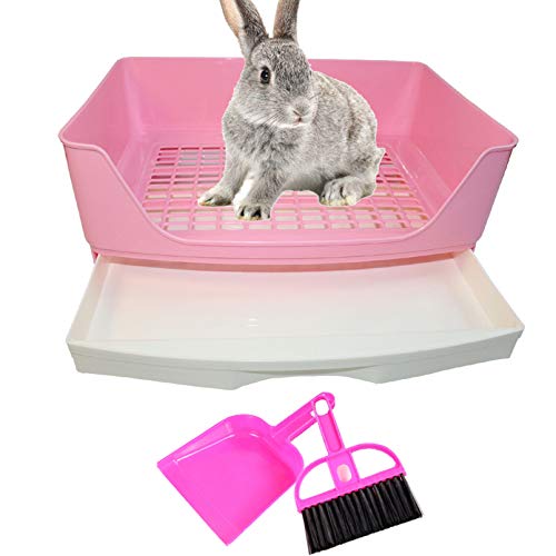 PINVNBY Large Rabbit Litter Box Bigger Pet Litter Pan Trainer with Drawer Corner Toilet Box for Adult Guinea Pigs Chinchilla Ferret Hedgehog Small Animals(Pink)
