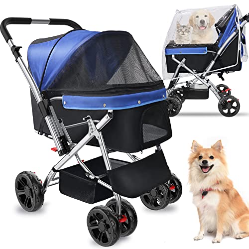 Dog Stroller for Medium/2-3 Small Dogs with Weather Cover, 55LBS Capacity Extra-Long Pet Stroller with Sturdy Steel Frame, Brake and Upgraded Durable Wheels, Large Cat/Dog Stroller for Walking (Blue)