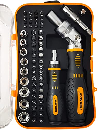 Ratcheting Screwdriver Set TOOLMAK 61pcs Socket Set & Magnetic Screwdriver Bit Set with Rotatable Ratchet Handles  Storage Case, Household Repair Tool Kits for Bike