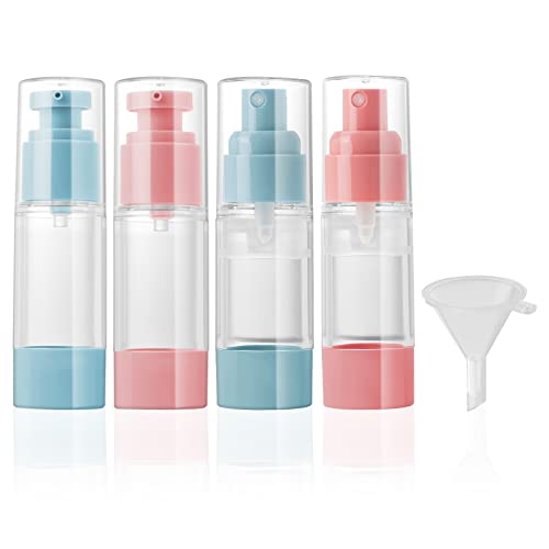 Pwsap 4 Pack 1 oz (30ml) Vacuum Cosmetic Travel Container, Spray and Pump Travel Bottle Kits with Funnel for Toiletries, Tsa Approved Travel Size Refillable Bottle, Leak Proof Airless Container Kit