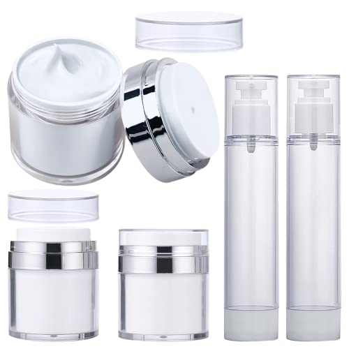 Airless Pump Jar set, 1.7 OZ Airless Pump Bottle and Travel Jar for Creams, Vacuum Cosmetics Pump Bottle Dispenser, Travel Container for Creams, Lotion, Make Up Sample and Shampoo, Cosmetic, Toiletries and Liquid Storage Containers, 5 Pack
