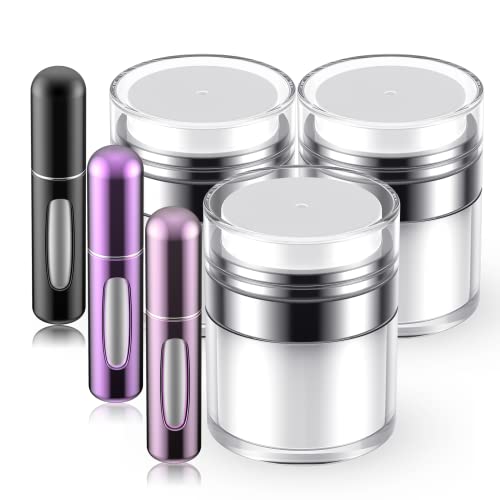 Airless Pump Jar, 1.7oz Cream Jar Vacuum Bottle+ 5ml Travel Mini Perfume Spray Bottle, Empty Cosmetic Containers Dispensers for Lotion, Portable Scent Pump Case Refillable Perfume Atomizer, 3 Sets