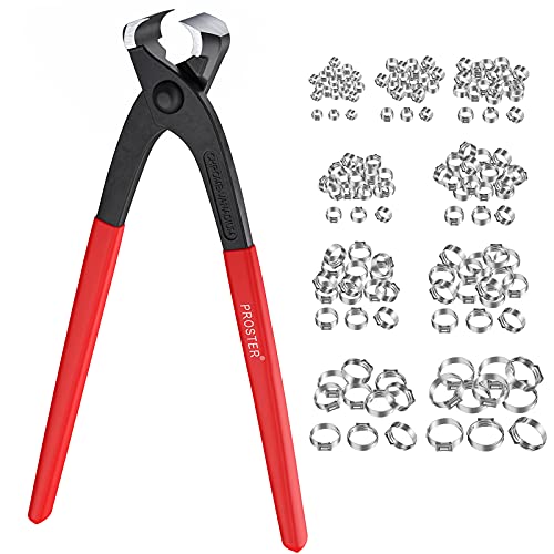 Proster Single Ear Stepless Hose Crimper Tool Kit, 1pcs Single Ear Hose Clamp Crimper with 150pcs 6-31.6mm 304 Stainless Steel Cinch Clamp Rings