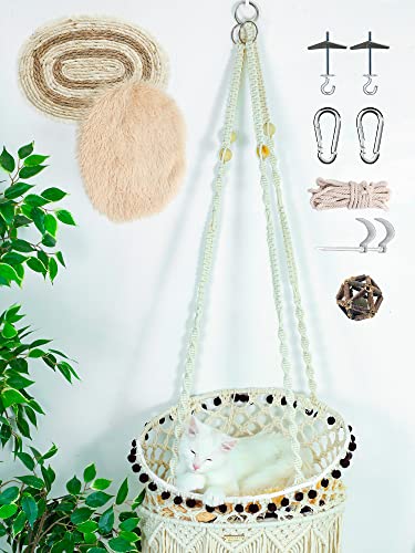 KARCEEY Cat Macrame Hammock for Larger Cats,Hanging Cat Bed Chair Boho Cat Swing Bed with Catnip Cushion and Scratching Mat