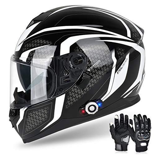 FreedConn Bluetooth Motorcycle Helmet BM12 DOT Full Face Bluetooth Helmets Motorcycle Dual Visor Helmet with Integrated Intercom System/ 2~3 Riders Pair/ 500M/ Voice Dial (Black & White, XXL)