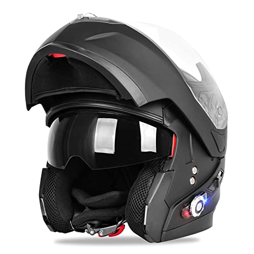 FreedConn Motorcycle Bluetooth Helmet BM2S Bluetooth Integrated Motorcycle Helmet 500M 2-3 Riders Motorcycle Helmets DOT Full Face Communication System Motorcycle Helmet with FM/MP3 (Matte Black, L)