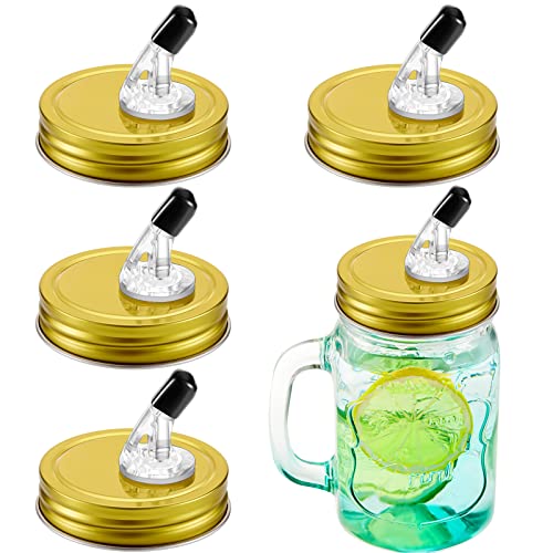 4 Pack Mason Jar Pour Spouts with Flap Regular Mouth Size 70 mm Mason Jar Pouring Lids Suitable for Any Liquid Leak Proof (Gold)