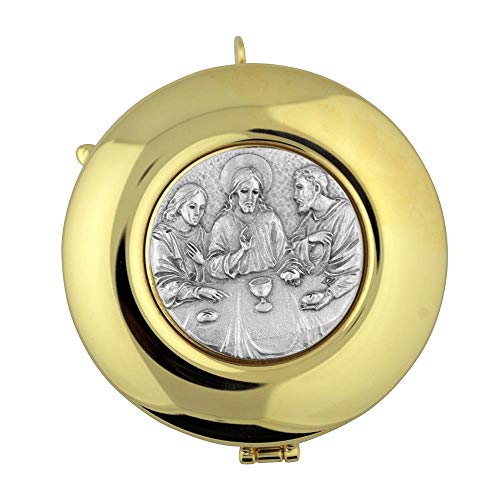 Priest Hospital Communion Pyx | 3.5" Diameter | Last Supper Pewter Plated | Large Capacity Host | Perfect or Travel Communion and Sick Calls | Church Goods Made in Italy