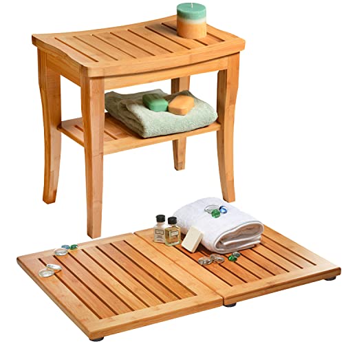 Shower Bench and Bath Mat - Set of Bamboo Bathroom Bench + Foldable Bamboo Bath Mat - Sauna Accessories, Versatile Bench and Floor Mat for Bathroom, Entrance, Patio, Camping, RV and Outdoors