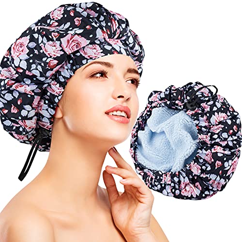 Luxury Shower Cap for Women, Waterproof Reusable Shower Caps Double Layers Microfiber Terry Lined with Dry Hair Function, Extra Large for Long Hair, Adjustable for Most Heads Size