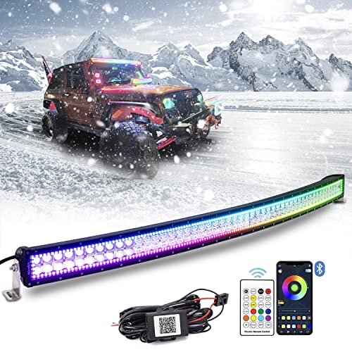 Nicoko Bluetooth 52inch 300w Curved Led Light Bar with Chasing RGB Halo Ring, Multicolor Changing w/Wireless Spot Flood Combo Beam Free Wiring Harness for Off Road Truck Cars UTV ATV RZR