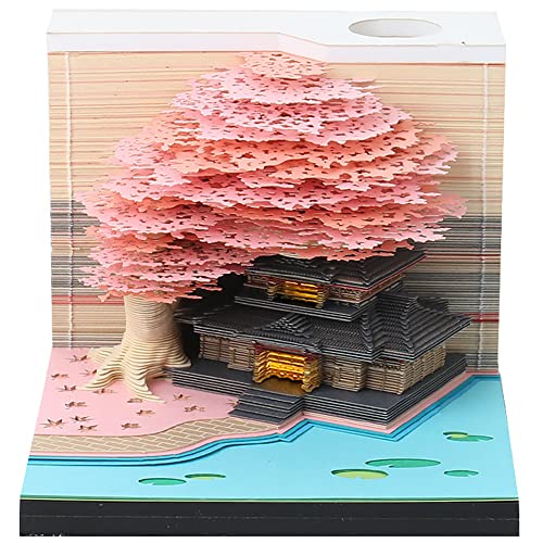 CRINSLY 3D Memo Pad 260 Sheets Tree House Notepad Omoshiroi Block Cute Kawaii Sticky Note Pad Convenience Stickers Paper Carving Art Craftwork Desk Decoration Pen Holder High-Grade Creative DIY Decorative Gift Pink with light