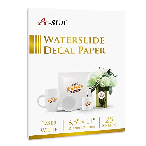 A-SUB Waterslide Decal Paper for Laser Printers 25 Sheets White Water Slide Transfer Paper 8.5x11 Inch for DIY Tumbler, Mug, Glass Decals