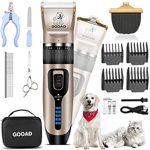 Dog Clippers, Professional Dog Grooming Kit, Cordless Dog Grooming Clippers for Thick Coats, Dog Hair Trimmer, Low Noise Dog Shaver Clippers, Quiet Pet Hair Clippers Tools for Dogs Cats(Gold)