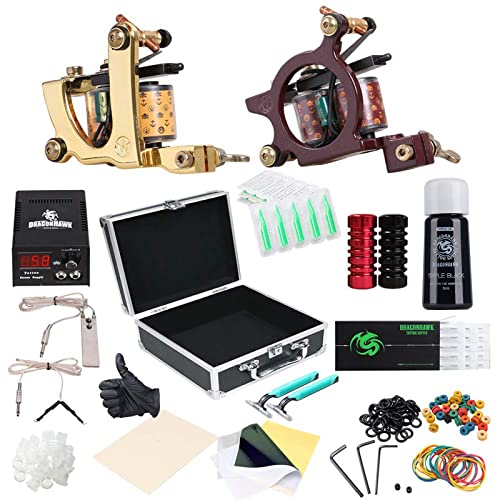 Dragonhawk Complete Tattoo Kit for Beginners 2 Pro Tattoo Machine Tattoo Power Supply Kit Tattoo Inks 20 Tattoo Needles Tips Tattoo Supplies