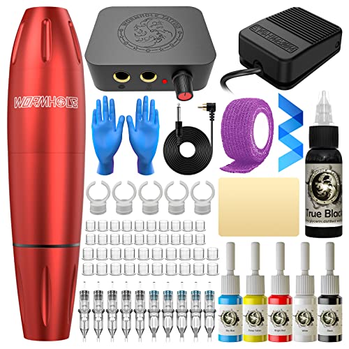 Tattoo Gun Kit, Wormhole Tattoo Kit Rotary Tattoo Machine Kit for Beginners Complete Tattoo Pen Kit Tattoo Gun Starter Kit with Pen Type Tattoo Machine Tattoo Power Supply (WTK129)