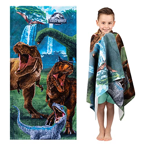 Jurassic World Dominion Blue Velociraptor and Rexy T-Rex Super Soft Cotton Bath/Pool/Beach Towel, 58 Inches x 28 Inches, By Franco Kids