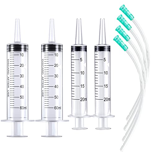 Large Plastic Syringe with Tube 60ml Syringe 20ml Syringe with 13inch Tubing for Scientific Labs, Liquid, Measuring, Watering, Refilling, Filtration, Feeding Pets, Oil or Glue Applicator, 4pcs