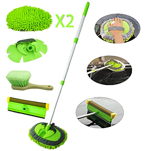GIANT BEAR Car Wash Brush Mop Set with Long Handle, 42.9" Microfiber Chenille Mitt Not Hurt Paint Scratch Free Aluminum Alloy Cleaning Tool -4 in 1,Glass Window Scrabber Detail Wheel Brush