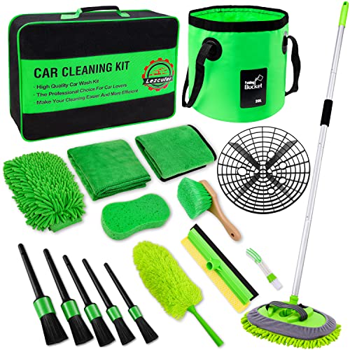 Lezcufer 17Pcs Car Wash Kit,62" Car Wash Brush Mop with Long Handle,Car Cleaning Kit,Car Detailing Brush Set,Car Wash Bucket with Dirt Trap,Car Wheel Brush,Complete Interior Car Cleaning Supplies