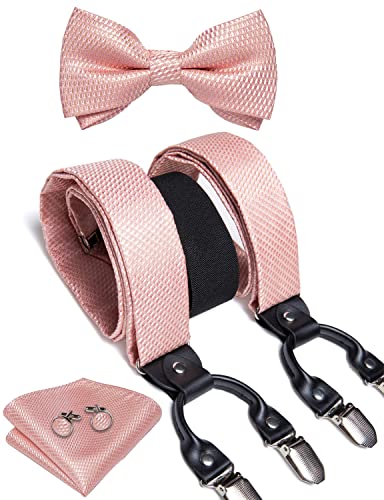 DiBanGu Blush Pink Suspenders and Bow Tie Set for Men 6 Clips Y-Shape Adjustable Heavy Duty Suspenders