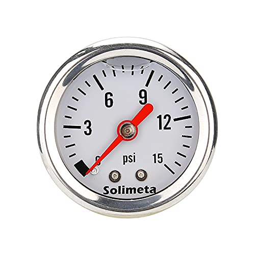 Solimeta 1.5" Dial Size, Oil Filled, Fuel Pressure Gauge 1/8 NPT, Inline Fuel Pressure Gauge, Automotive Replacement Fuel Pressure Gauge, 304 Stainless Steel Case, 0-15Psi, +/-3-2-3%