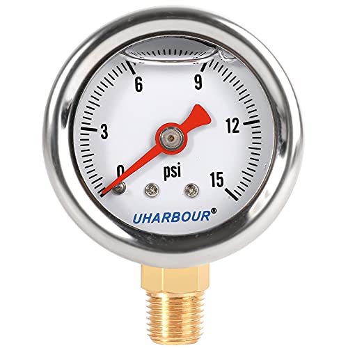 UHARBOUR Glycerin Filled Fuel Pressure Gauge with 304 Stainless Steel Case, 1-1/2" Dial Size, 0-15Psi, High Accuracy, 1/8"NPT Center Lower Mount with Single Scale